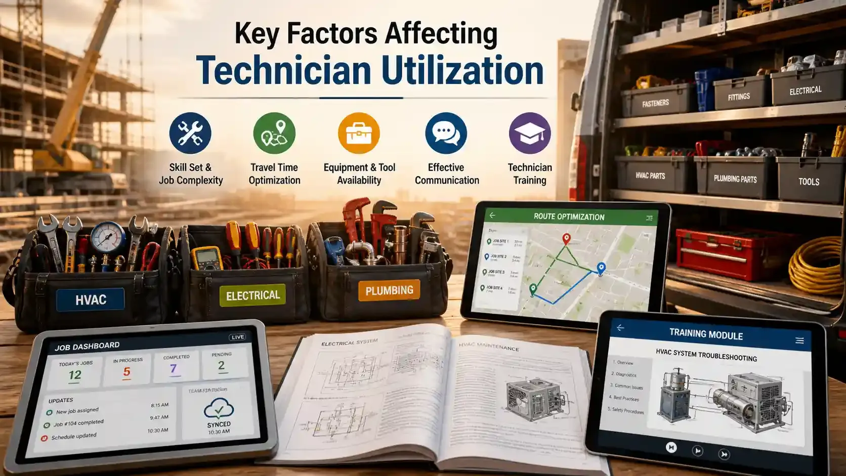 Tools, route maps, and dashboards showing technician utilization factors.
